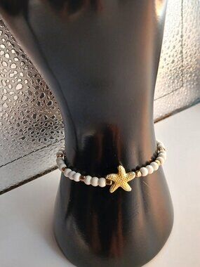 Mermaidcore White Stones Yellow Star Stretch Summer Bracelet with Gold Accents